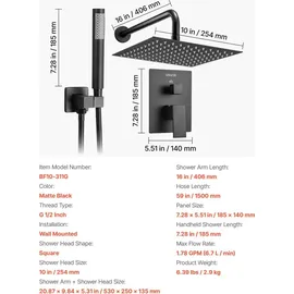 Vevor Duscharmatur Regenduschsystem fürs Badezimmer Duschsystem mit 254 mm quadratischen Regenduschkopf & Handbrause, wandmontierte Badezimmerarmaturen mit Messingventil & Zierset, Mattschwarz