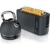 Arendo Frühstücks-Set, Wasserkocher Edelstahl 1,7l, 4 Scheiben Langschlitztoaster, 4 Scheiben Toaster, Frühstücksset, Wasserkocher Retro, 2200W... - Grau