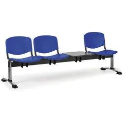 Kunststoff-Wartezimmerbank, Traversenbank ISO, 3-sitzig + Tisch, blau, verchromte Füße