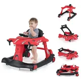 DREAMADE Lauflernhilfe, Babywalker mit Musik, Lichtern, verstellbarer Höhe & Geschwindigkeit, Lauflernwagen mit Flugzeugmotiv, Gehfrei Baby ab 6 Monate (Rot)