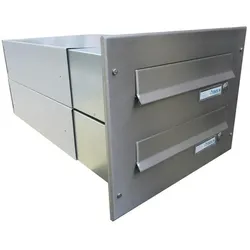 2er Edelstahl Mauerdurchwurf Briefkasten mit Klingeln - Tiefe 39-62 cm- B-042
