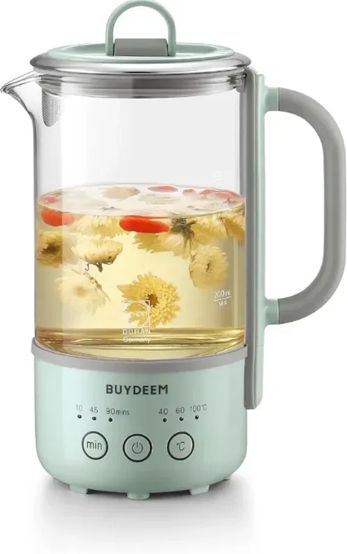 Buydeem K314 Reise-Elektrischer Wasserkocher, Mini Healthy-Care-Getränkekasserolle, Teemacher mit hitzebeständigem DURAN®-Glas und langlebigem 18/10-Edelstahl, 0,6 L, gemütliches Grünton