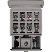 ROTHWELL Luxus Uhrenbox für 8 Uhren - PU Leder Uhrenbox mit Echtglasdeckel - Ausziehbare Zubehörschublade mit mehreren Fächern (Stein)