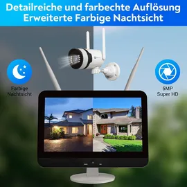 LuVision Dual WLAN PTZ Überwachungssystem mit Monitor 5MP, Mikrofon, Sirene, Nachtsicht, Bewegungsverfolgung 2 Kameras