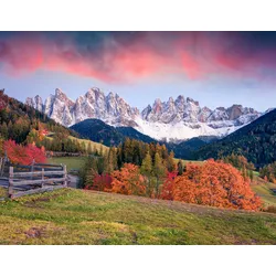 Fototapete PAPERMOON "ALPEN-DOLOMITEN DORF und Landschaft", bunt, B:3,50m L:2,60m, Vlies, Tapeten