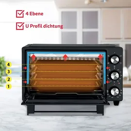 ICQN Minibackofen 20L, Pizza-Backofen, Ober-/Unterhitze mit Umluft-Funktion, 5 Grill-Funktion, 90 Min. Timer, 1500 W, Mini Oven, 80°-240°C, Backblech/Grill/Krümelblech und Blechhalter, Schwarz