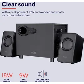 Trust Avora 2.1 PC Lautsprecher mit Subwoofer, 18 W (9 W RMS), Computer Boxen, Kompaktes Format, USB-Betrieb, 3,5 mm AUX Klinke, Lautsprecherset f...