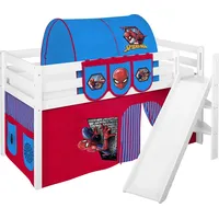 Spielbett JELLE 90 x 190 cm Spiderman - Hochbett LILOKIDS - Weiß - mit schräger Rutsche und Vorhang - Weiß/Rot/Blau