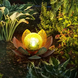 GLOBO Garten Außenlampen Solarleuchte dekorative LED Solarleuchte im Lotusblüten Design, Glaskugel goldfarben, LED, 22cm, Terrasse, 2er Set