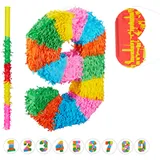 Relaxdays 3 TLG. Pinata Set Geburtstag, Zahl 9, Pinatastab mit Augenmaske, Kinder & Erwachsene, Piñata zum selbst Befüllen, bunt