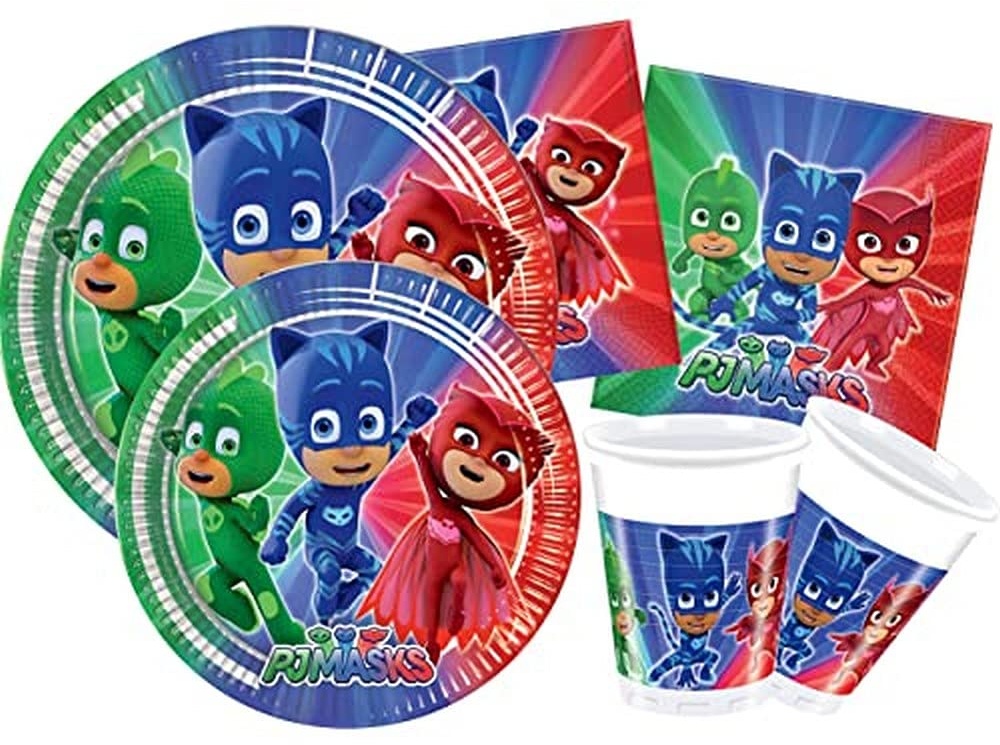 Ciao Y4322 PJ Masks for People (112 pcs Ø23cm, Plates Ø20cm, 24 Cups 200ml, 40 Napkins) Party Tableware Set, Blue, Green, Red