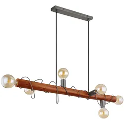 Hängeleuchte Holzbalken Esszimmerleuchte Holz Hängelampe Höhenverstellbar, Metall, 6x E27 Fassungen, LxBxH 100x20x120 cm