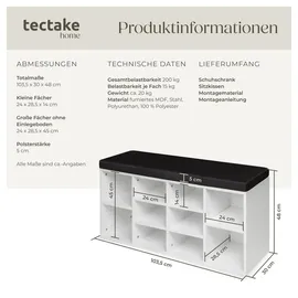 Tectake Schuhschrank 103,5 x 48 x 30 cm mit Sitzbank / schwarz-weiß