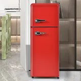 Merax Retro Kühlschrank, 105.5 cm, Kühl-Gefrier-Kombination 92L, 28L Gefrierfach, Doppeltür Design, Energieeffizienzklasse D, 116 kWh/Jahr, 7 Temperaturstufen, LED-Beleuchtung, Kompakt, Rot