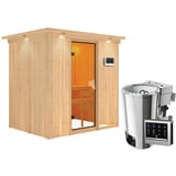 Woodfeeling Karibu Sauna Fanja-3,6kW230V Bioofen-Steuerg.-Inkl.Dachkranz inkl. 8-teiligem gratis Zubehörpaket (Gesamtwert 191,92€)