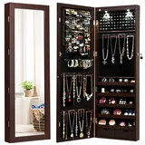 GOPLUS Schmuckschrank mit Ganzkörperspiegel, Schmuckregal mit viel Stauraum, Spiegelschrank für Ketten, Ohrringe und Schminke, verstellbarer Standspiegel, Schminkspiegel, abschließbare Tür (Braun)