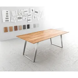 DELIFE Esstisch Edge 200x100 Akazie Natur Edelstahl Schräg Schweizer Kante, Esstische