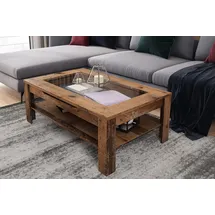 byLIVING Couchtisch Ralph/moderner Sofatisch mit Glaseinlage und großzügiger Schublade in Old Wood-Optik/Beistelltisch mit viel Stauraum/B 110, H 43, T 67 cm