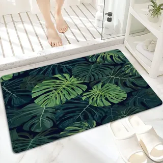 Badematte, rutschfest Waschbar Badezimmerteppich 60x100 cm,Tropische Pflanzen grünes Monstera abstraktes ,Badvorleger mit Wasserabsorbierenden, Weichen Mikrofasern für Badewanne, Dusche und Badezimmer