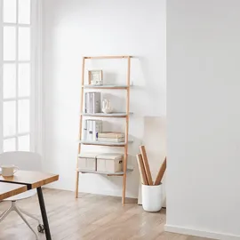 SoBuy Leiterregal mit 4 Ebenen Bücherregal Grau Natur, Holzwerkstoff, Holz, Buche, 65x169x39 cm, Wohnzimmer, Regale, Bücherregale