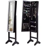 RELAX4LIFE Schmuckschrank, Schmuckregal mit verstellbarem Ganzkörperspiegel, Spiegelschrank für Ketten, Ohrringe und Kosmetik, Standspiegel mit Stauraum, Schminkspiegel, abschließbare Tür (Schwarz)