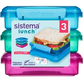 Sistema Brotdose Sandwichbox | 450 ml | stapelbare und luftdichte Lunchbox mit Deckel | für Kinder & Erwachsene| BPA-frei | gemischte Farben | 3 Stück