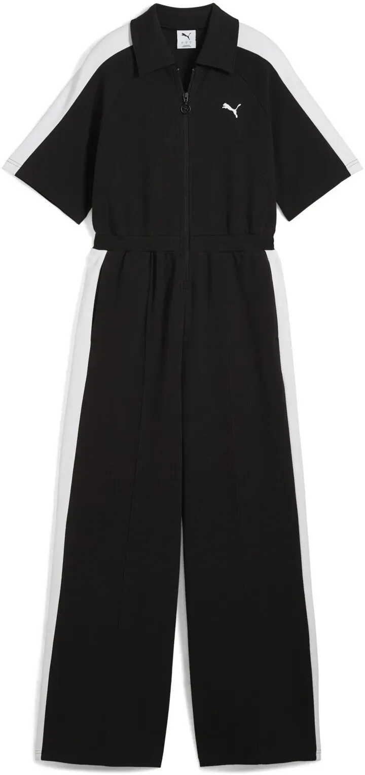Jumpsuit PUMA "T7 Kurzärmeliger Jumpsuit Damen", Damen, Gr. XS, Normalgrößen, schwarz, Obermaterial: 12% Polyester, 88% Baumwolle; Einsatz: 88% Baumwolle, 12% Polyester; Seitentasche – Oben: 100% Baumwolle, regular fit, Overalls Jumpsuit