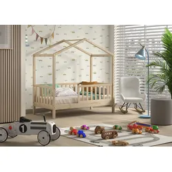 Hausbett HOME AFFAIRE "Junior Hausbett 70/140, umlaufender Rausfallschutz, stabil gebaut", beige (natur, natur, natur), B:75,8cm H:150,5cm L:148cm, Betten, inkl. Rolllattenrost und Dachaufbau