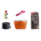 Lotusgrill Starter-Set Classic Grill Mandarinenorange mit USB-Anschluß, 1x Buchenholzkohle 2,5 kg, 1x Brennpaste 200ml, 1x Würstchenzange (Farbe