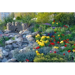 Fototapete PAPERMOON "GARTEN-BÄUME BLUMEN PFLANZEN PARK STEINE GRÜN BLÜTEN", bunt, B:3,00m L:2,23m, Vlies, Tapeten