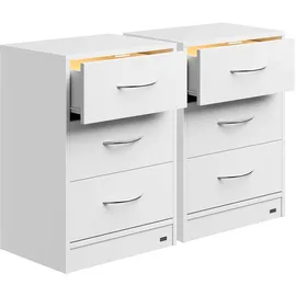 CASARIA Casaria® Nachttisch 2er Set 54x39x28cm LED Holz 3 Schubladen Boxspringbett Schlafzimmer Wohnzimmer Beistelltisch Nachtschrank Nachtkästchen Tisch Weiß