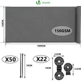 VOUNOT Zaunblende 1.5×10m, Sichtschutz Zaun 150 g/m2 HDPE Schattiernetz, Grau