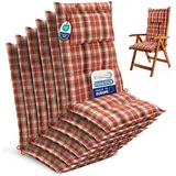 Beautissu 6er Set Gartenstuhlauflagen Hochlehner Auflagen 120x50 cm – 7cm Polster Sitzauflagen Gartenmöbel Made in EU – UV-Lichtecht Sitzpolster Gartenstuhl Orange Rot Grün Kariert – HighLux HL