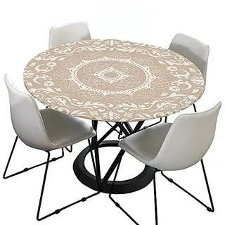 Morbuy Rund Tischdecke Elastisch, Jacquard Rund Tischdecken Wasserdicht Lotuseffekt Abwaschbar Abwischbar Tischtuch für Dekoration Küchentisch Garten Outdoor (Durchmesser 120cm,Beige)