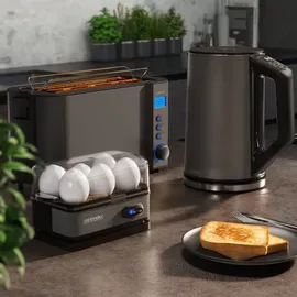 Arendo 3-teiliges Frühstücksset, Wasserkocher ELEGANT 1,5l, 4-Scheiben Toaster, 6er Eierkocher, Grau