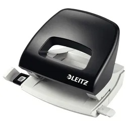 Leitz Kleiner Büro Locher aus Metall, 16 Blatt, Anschlagschiene mit Formatangaben, Ergonomisches Design, schwarz, 50380095