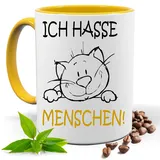 Blickfang Lustige Tasse mit Spruch |ICH HASSE MENSCHEN | Katze| Kakao- Kaffee- Tee- Fototasse| Geschenke für männer frauen Keramik |Spülmaschinenfest (Gelb)