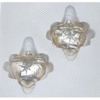 2 TLG. Glas-Herzen Set in Ice Champagner Silber Komet - Christbaumkugeln - Weihnachtsschmuck-Christbaumschmuck