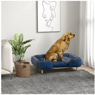 PawHut Hundesofa, Haustiersofa mit Kissen, Hundebett mit Erhöhtem Design, Katzensofa, Hundecouch, Hundesessel mit Holzbeine, Polyester, Dunkelblau, 96 x 66 x 24 cm