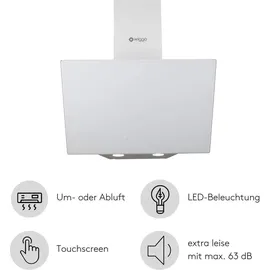 Wiggo Dunstabzugshaube 60cm kopffrei I Abluft Umluft Dunstabzug 300m3/h - LED Touch-Display 3 Stufen I Schräghaube inkl. Fettfilter & 2 x Kohlefilter I Abzugshaube mit Glasfront weiß