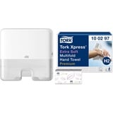 Tork Xpress Mini Spender für Multifold-Handtücher Weiß H2 552100 + Tork Xpress extra weiche Multifold Papierhandtücher 100297 - extra weich und saugfähig, 2-lagig, weiß - 21 x 100 Tücher