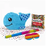 Feiermeier Pinata-Set | 4-tlg. mit Augenmaske, Schlagstock und Konfetti ("Blauer Walfisch" | 42x27x7,5cm)