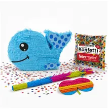 Feiermeier Pinata-Set | 4-tlg. mit Augenmaske, Schlagstock und Konfetti ("Blauer Walfisch" | 42x27x7,5cm)