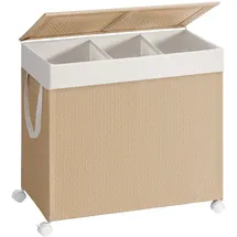 Songmics Wäschekorb 140 L, mit 3 Fächern und Rollen, naturbeige-mattweiß