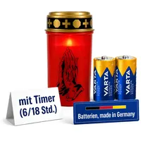 Fachhandel Plus LED Grablicht mit Timer 6/18 Std Motivwahl Grabkerze LED mit Batterie inklusive 2x Varta Longlife C LR14 für Friedhof Gedenkplatz und Außenbereich (Rot, betende Hände)