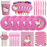 Hilloly 52 Stück Hallo Kitty Besteckset Die Geburtstagsfeier,Hallo Kitty Party Tableware Set,Thema Party Geschirr Set,Enthält Seidenpapier,Teller,Tasse,Augenmaske,Aufblasbaren Drachen,Strohhalm,Messer