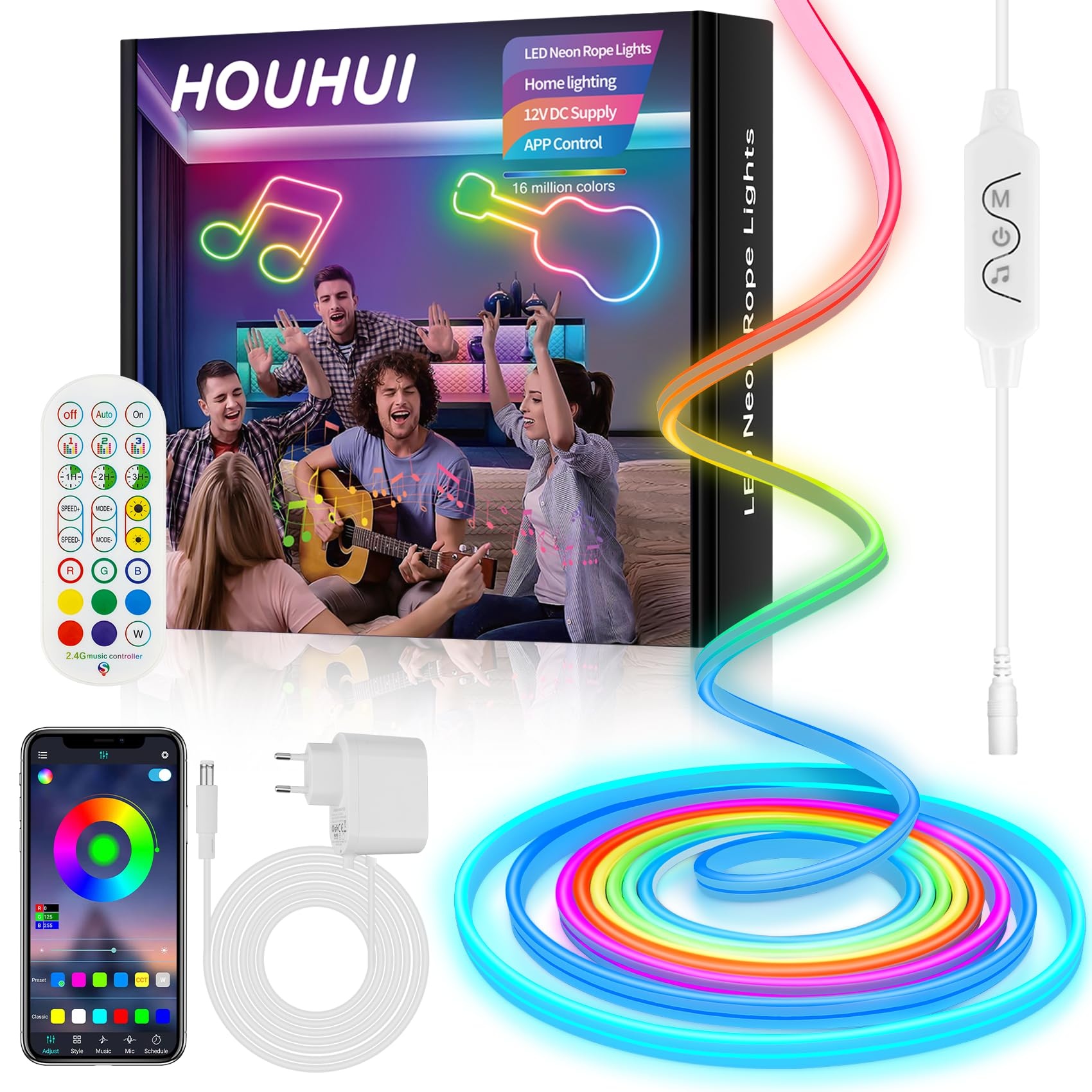 HOUHUI Neon Streifen Lichter,5m RGB LED Neon Strip mit Remote per App,IP67 Wasserdichte Neon LED Streifen, 12V Musik Synch Neon Strip,DIY Design,Flexible Neon Lichter für Schlafzimmer, Spielzimmer