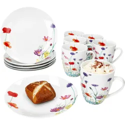 12tlg Frühstücksset Marie Porzellan 6 Personen Teller Kaffeebecher 320ml Blumen