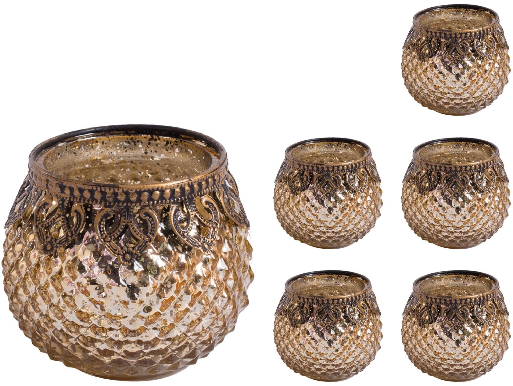 Jinfa 6er-Set orientalischer Teelichthalter aus Glas Windlichter Kerzengläser Teelichtgläser Geschenk | Kugelform | Königliches Gold Ø 8cm x h 8.8cm