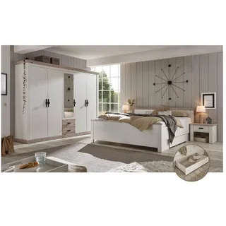 Lomadox Schlafzimmer-Set FERNA-61, (Spar-Set, 5-tlg), 5-tlg. im Landhausstil Pinie weiß Nb. mit Pinie dunkel Nb. braun|weiß